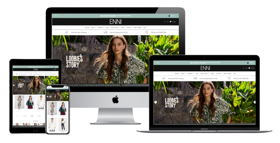 Shopify website displayed across desktop, tablet and mobile devices