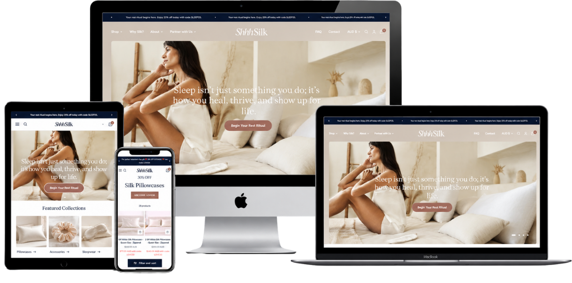 Shhh Silk Shopify website displayed across desktop, tablet and mobile devices