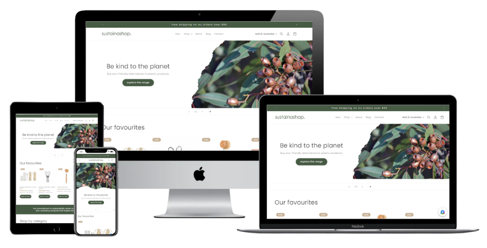 Sustainashop Shopify website displayed across desktop, tablet and mobile devices